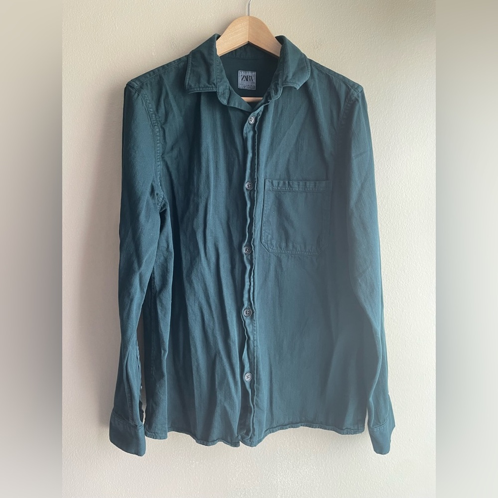 Zara Men Button Up Green Shirt Size Medium